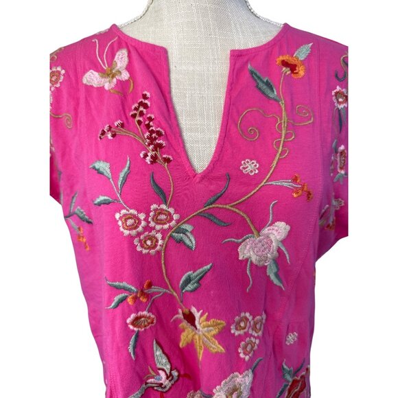 Johnny Was Pink Embroidered Floral Blouse Short Sleeve V-Neck M - Picture 4 of 9